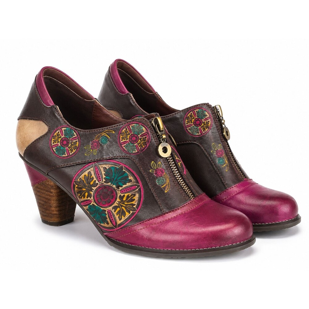 Spring Step Women's Magenta and Brown Embroidered Leather Heels